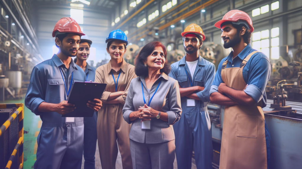 A photo showing a supervisor engaging with a diverse group of factory workers on the production floor.